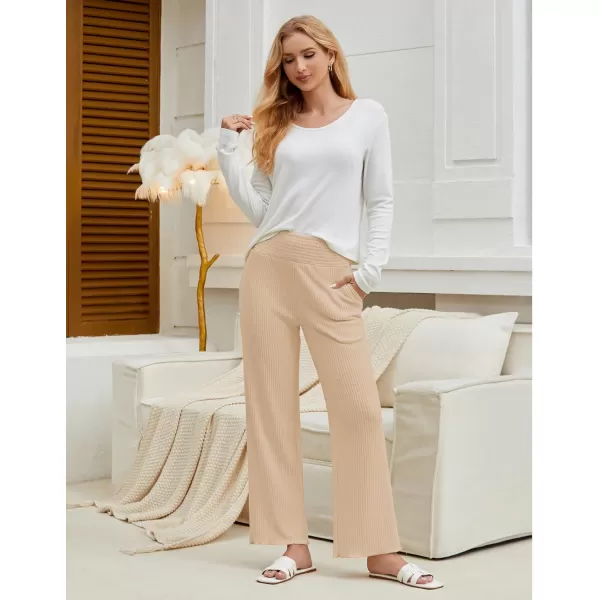 imageGRAPENT Ribbed Wide Leg Pants Woman High Waisted Pull On Lounge Fleece Knit Fall Smocked Elastic Waist Pants with PocketBeige