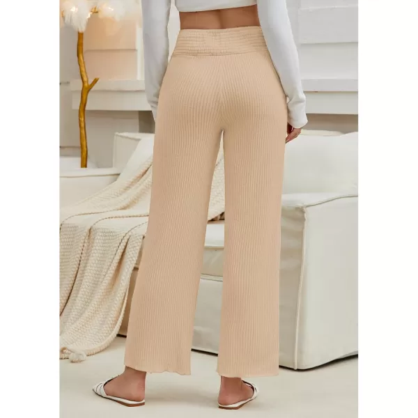 imageGRAPENT Ribbed Wide Leg Pants Woman High Waisted Pull On Lounge Fleece Knit Fall Smocked Elastic Waist Pants with PocketBeige