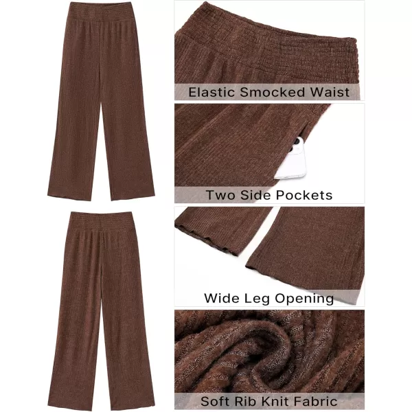 imageGRAPENT Ribbed Wide Leg Pants Woman High Waisted Pull On Lounge Fleece Knit Fall Smocked Elastic Waist Pants with PocketBrown