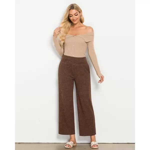 imageGRAPENT Ribbed Wide Leg Pants Woman High Waisted Pull On Lounge Fleece Knit Fall Smocked Elastic Waist Pants with PocketBrown