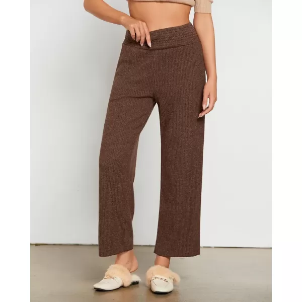 imageGRAPENT Ribbed Wide Leg Pants Woman High Waisted Pull On Lounge Fleece Knit Fall Smocked Elastic Waist Pants with PocketBrown