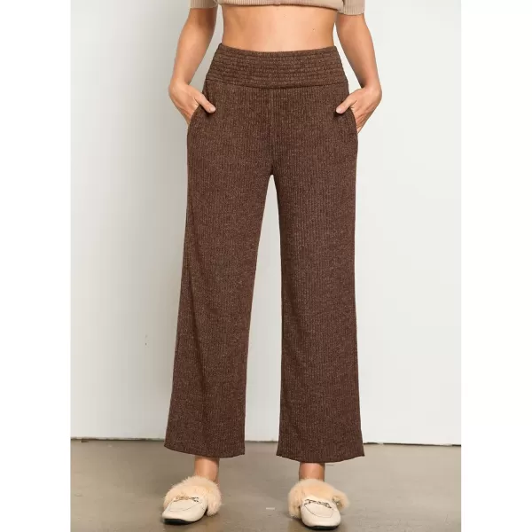 imageGRAPENT Ribbed Wide Leg Pants Woman High Waisted Pull On Lounge Fleece Knit Fall Smocked Elastic Waist Pants with PocketBrown