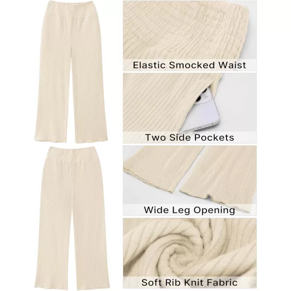 imageGRAPENT Ribbed Wide Leg Pants Woman High Waisted Pull On Lounge Fleece Knit Fall Smocked Elastic Waist Pants with PocketCream