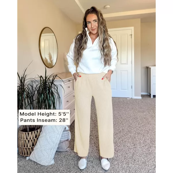 imageGRAPENT Ribbed Wide Leg Pants Woman High Waisted Pull On Lounge Fleece Knit Fall Smocked Elastic Waist Pants with PocketCream