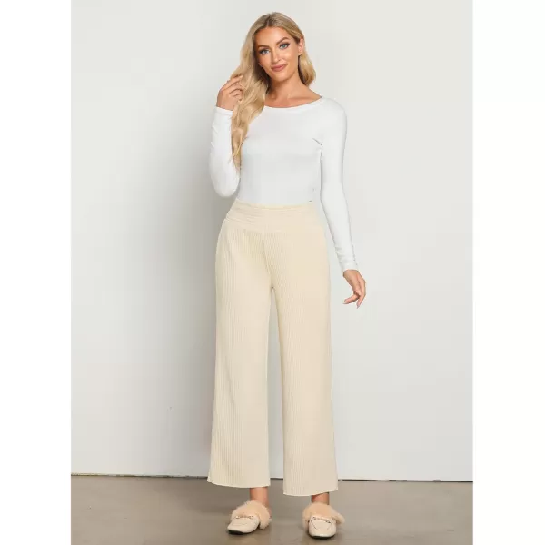 imageGRAPENT Ribbed Wide Leg Pants Woman High Waisted Pull On Lounge Fleece Knit Fall Smocked Elastic Waist Pants with PocketCream