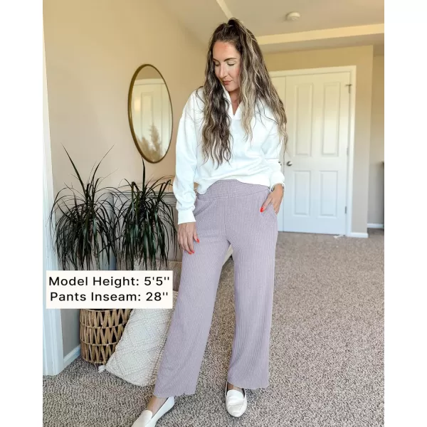 imageGRAPENT Ribbed Wide Leg Pants Woman High Waisted Pull On Lounge Fleece Knit Fall Smocked Elastic Waist Pants with PocketGrey