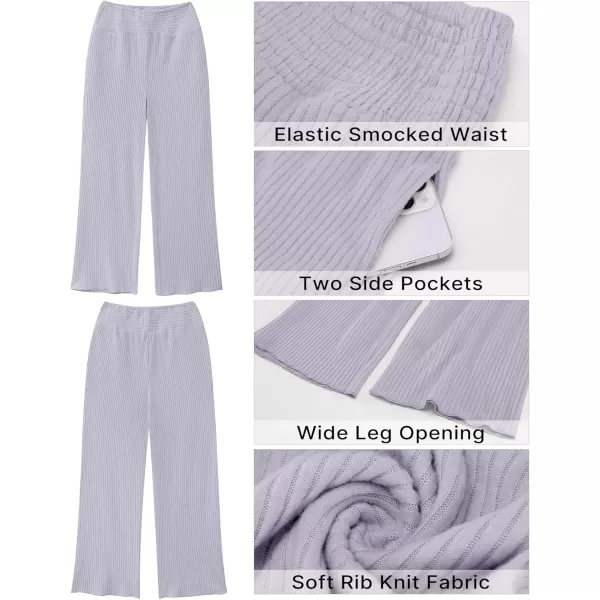 imageGRAPENT Ribbed Wide Leg Pants Woman High Waisted Pull On Lounge Fleece Knit Fall Smocked Elastic Waist Pants with PocketGrey