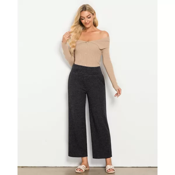 imageGRAPENT Ribbed Wide Leg Pants Woman High Waisted Pull On Lounge Fleece Knit Fall Smocked Elastic Waist Pants with PocketGrey Black