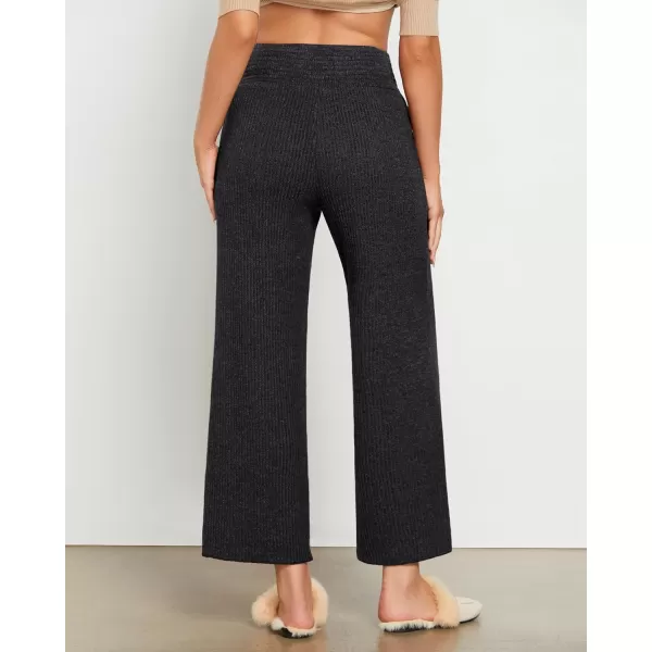 imageGRAPENT Ribbed Wide Leg Pants Woman High Waisted Pull On Lounge Fleece Knit Fall Smocked Elastic Waist Pants with PocketGrey Black
