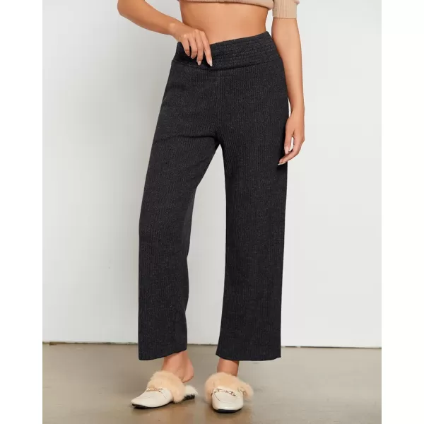 imageGRAPENT Ribbed Wide Leg Pants Woman High Waisted Pull On Lounge Fleece Knit Fall Smocked Elastic Waist Pants with PocketGrey Black
