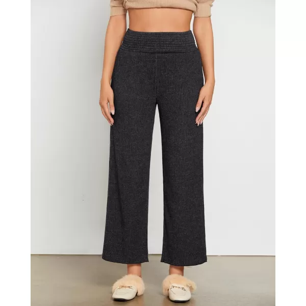 imageGRAPENT Ribbed Wide Leg Pants Woman High Waisted Pull On Lounge Fleece Knit Fall Smocked Elastic Waist Pants with PocketGrey Black