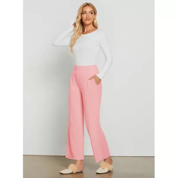 imageGRAPENT Ribbed Wide Leg Pants Woman High Waisted Pull On Lounge Fleece Knit Fall Smocked Elastic Waist Pants with PocketPink