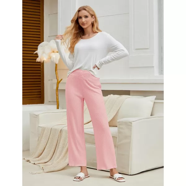 imageGRAPENT Ribbed Wide Leg Pants Woman High Waisted Pull On Lounge Fleece Knit Fall Smocked Elastic Waist Pants with PocketPink