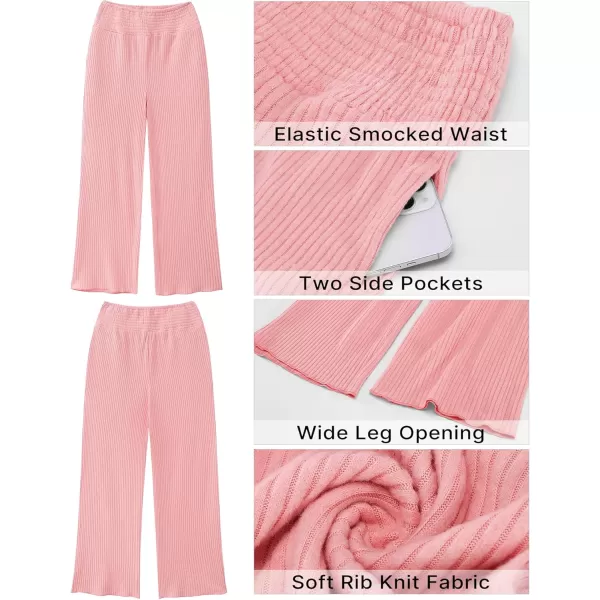 imageGRAPENT Ribbed Wide Leg Pants Woman High Waisted Pull On Lounge Fleece Knit Fall Smocked Elastic Waist Pants with PocketPink