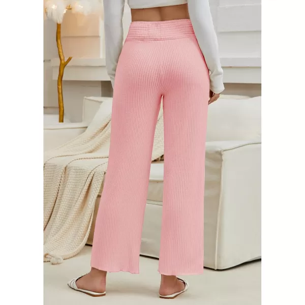 imageGRAPENT Ribbed Wide Leg Pants Woman High Waisted Pull On Lounge Fleece Knit Fall Smocked Elastic Waist Pants with PocketPink