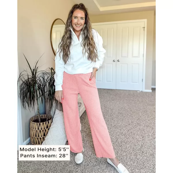 imageGRAPENT Ribbed Wide Leg Pants Woman High Waisted Pull On Lounge Fleece Knit Fall Smocked Elastic Waist Pants with PocketPink