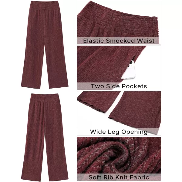 imageGRAPENT Ribbed Wide Leg Pants Woman High Waisted Pull On Lounge Fleece Knit Fall Smocked Elastic Waist Pants with PocketWine Red