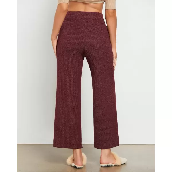 imageGRAPENT Ribbed Wide Leg Pants Woman High Waisted Pull On Lounge Fleece Knit Fall Smocked Elastic Waist Pants with PocketWine Red