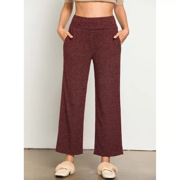 imageGRAPENT Ribbed Wide Leg Pants Woman High Waisted Pull On Lounge Fleece Knit Fall Smocked Elastic Waist Pants with PocketWine Red
