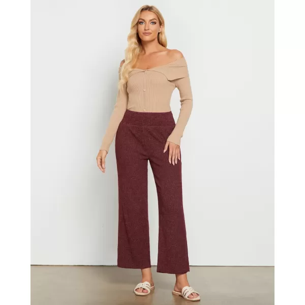 imageGRAPENT Ribbed Wide Leg Pants Woman High Waisted Pull On Lounge Fleece Knit Fall Smocked Elastic Waist Pants with PocketWine Red