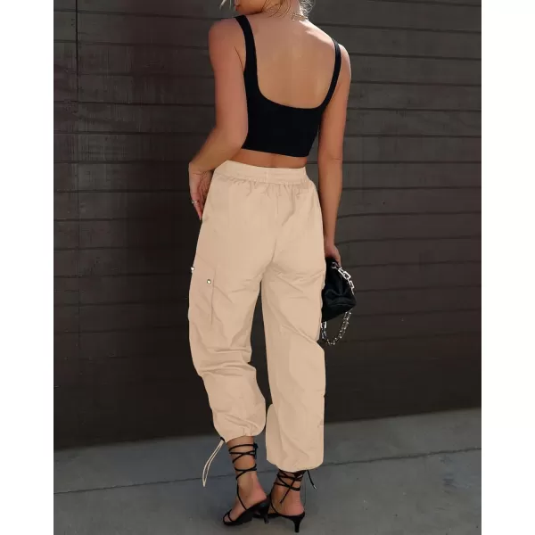 imageGRAPENT Womens Cargo Pants High Waisted Baggy Parachute Pants Elastic Waist Adjustable Drawstring Nylon Y2K TrousersBeige