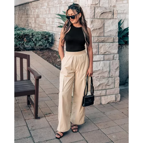 imageGRAPENT Womens Cargo Pants High Waisted Baggy Parachute Pants Elastic Waist Adjustable Drawstring Nylon Y2K TrousersBeige