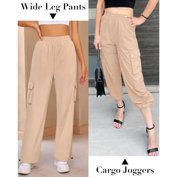 imageGRAPENT Womens Cargo Pants High Waisted Baggy Parachute Pants Elastic Waist Adjustable Drawstring Nylon Y2K TrousersBeige