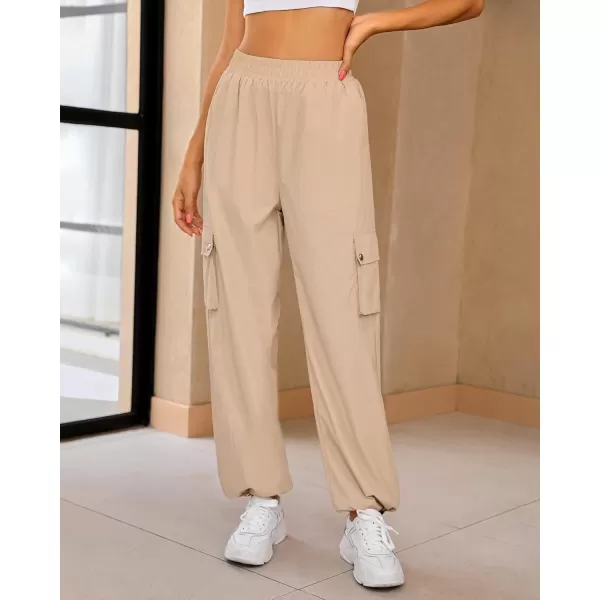 imageGRAPENT Womens Cargo Pants High Waisted Baggy Parachute Pants Elastic Waist Adjustable Drawstring Nylon Y2K TrousersBeige
