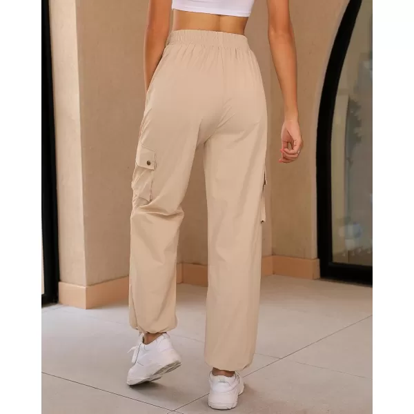 imageGRAPENT Womens Cargo Pants High Waisted Baggy Parachute Pants Elastic Waist Adjustable Drawstring Nylon Y2K TrousersBeige
