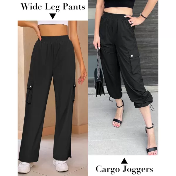 imageGRAPENT Womens Cargo Pants High Waisted Baggy Parachute Pants Elastic Waist Adjustable Drawstring Nylon Y2K TrousersBlack