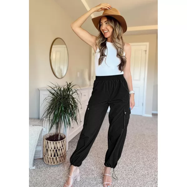 imageGRAPENT Womens Cargo Pants High Waisted Baggy Parachute Pants Elastic Waist Adjustable Drawstring Nylon Y2K TrousersBlack