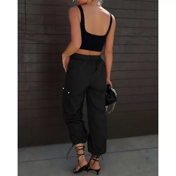 imageGRAPENT Womens Cargo Pants High Waisted Baggy Parachute Pants Elastic Waist Adjustable Drawstring Nylon Y2K TrousersBlack