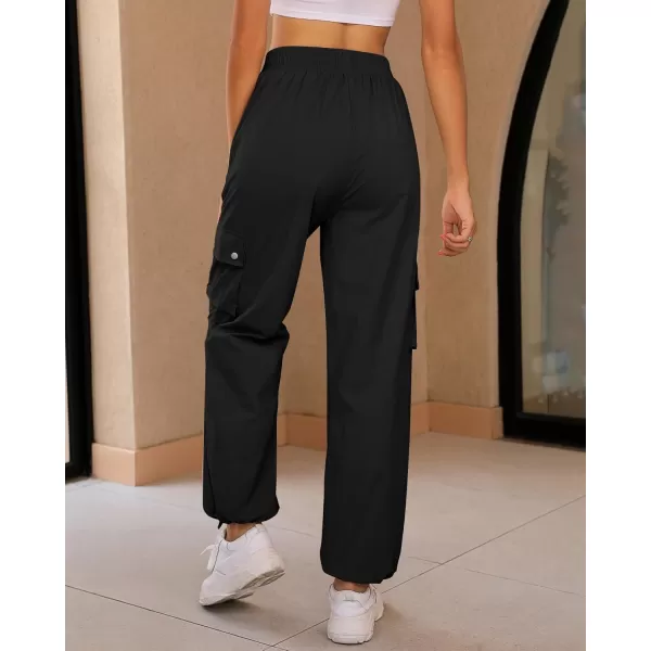 imageGRAPENT Womens Cargo Pants High Waisted Baggy Parachute Pants Elastic Waist Adjustable Drawstring Nylon Y2K TrousersBlack