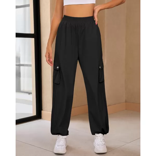 imageGRAPENT Womens Cargo Pants High Waisted Baggy Parachute Pants Elastic Waist Adjustable Drawstring Nylon Y2K TrousersBlack