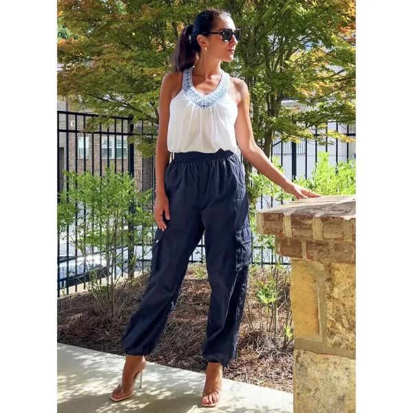 imageGRAPENT Womens Cargo Pants High Waisted Baggy Parachute Pants Elastic Waist Adjustable Drawstring Nylon Y2K TrousersDark Blue