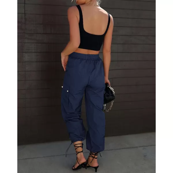 imageGRAPENT Womens Cargo Pants High Waisted Baggy Parachute Pants Elastic Waist Adjustable Drawstring Nylon Y2K TrousersDark Blue