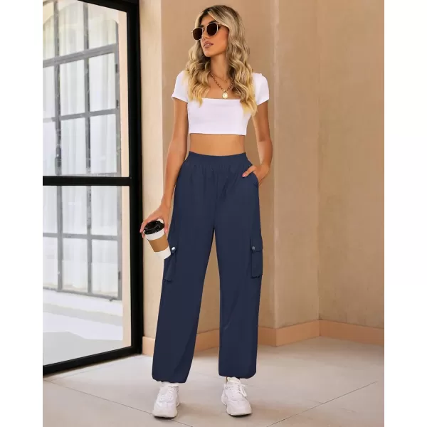 imageGRAPENT Womens Cargo Pants High Waisted Baggy Parachute Pants Elastic Waist Adjustable Drawstring Nylon Y2K TrousersDark Blue