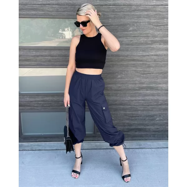 imageGRAPENT Womens Cargo Pants High Waisted Baggy Parachute Pants Elastic Waist Adjustable Drawstring Nylon Y2K TrousersDark Blue