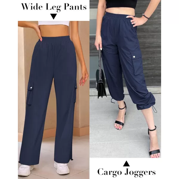 imageGRAPENT Womens Cargo Pants High Waisted Baggy Parachute Pants Elastic Waist Adjustable Drawstring Nylon Y2K TrousersDark Blue