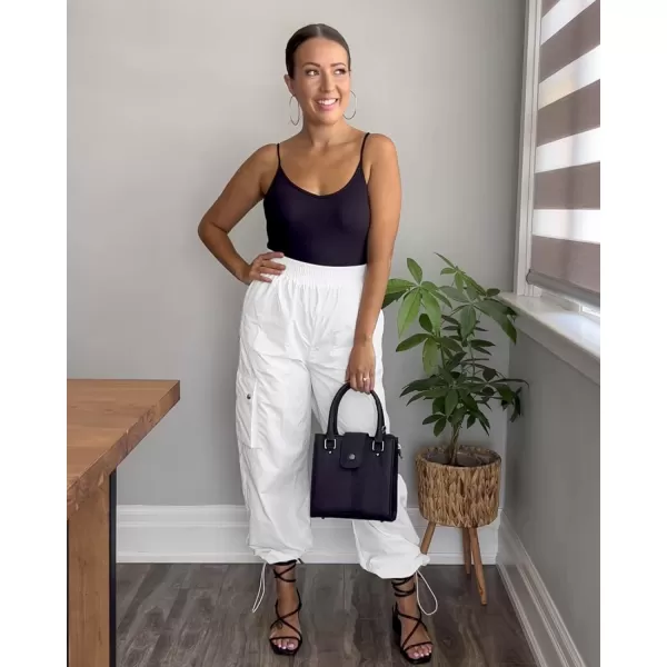 imageGRAPENT Womens Cargo Pants High Waisted Baggy Parachute Pants Elastic Waist Adjustable Drawstring Nylon Y2K TrousersOffwhite
