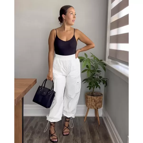 imageGRAPENT Womens Cargo Pants High Waisted Baggy Parachute Pants Elastic Waist Adjustable Drawstring Nylon Y2K TrousersOffwhite