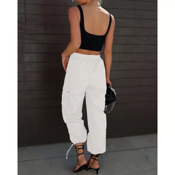 imageGRAPENT Womens Cargo Pants High Waisted Baggy Parachute Pants Elastic Waist Adjustable Drawstring Nylon Y2K TrousersOffwhite
