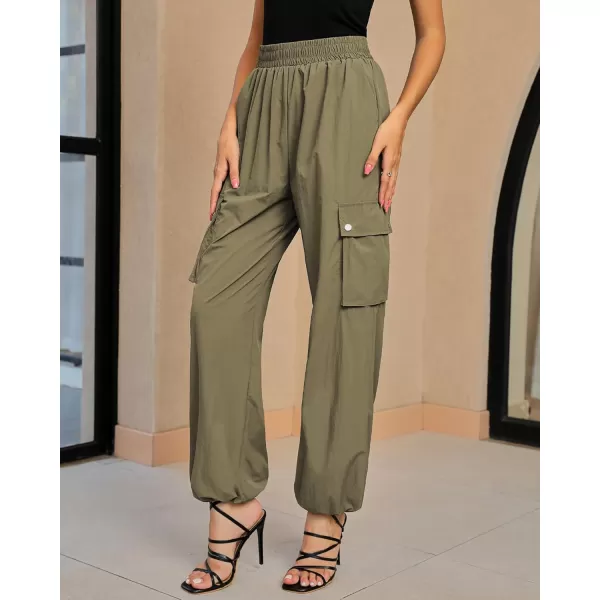 imageGRAPENT Womens Cargo Pants High Waisted Baggy Parachute Pants Elastic Waist Adjustable Drawstring Nylon Y2K TrousersOlive Green