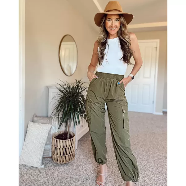 imageGRAPENT Womens Cargo Pants High Waisted Baggy Parachute Pants Elastic Waist Adjustable Drawstring Nylon Y2K TrousersOlive Green