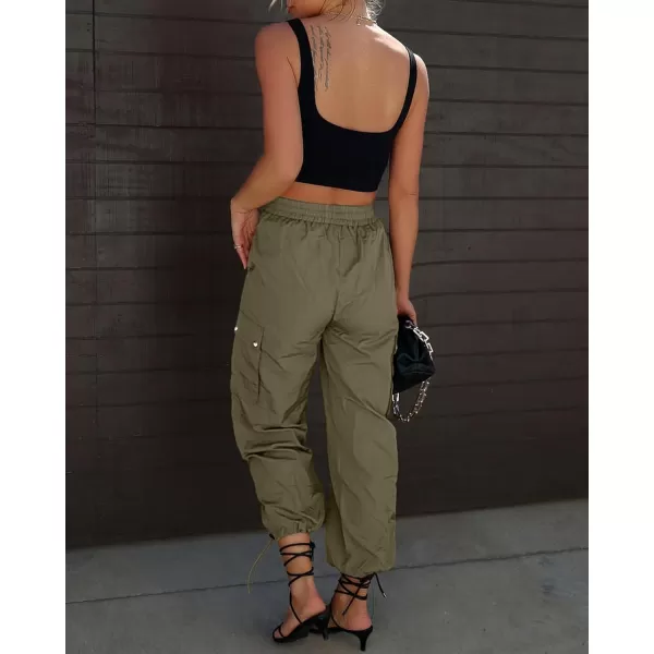 imageGRAPENT Womens Cargo Pants High Waisted Baggy Parachute Pants Elastic Waist Adjustable Drawstring Nylon Y2K TrousersOlive Green