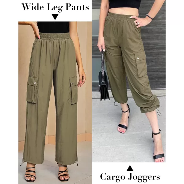 imageGRAPENT Womens Cargo Pants High Waisted Baggy Parachute Pants Elastic Waist Adjustable Drawstring Nylon Y2K TrousersOlive Green