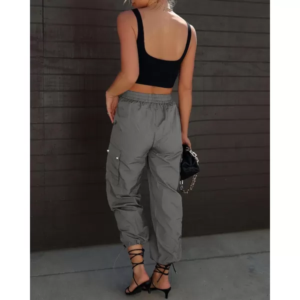 imageGRAPENT Womens Cargo Pants High Waisted Baggy Parachute Pants Elastic Waist Adjustable Drawstring Nylon Y2K TrousersSteeple Gray