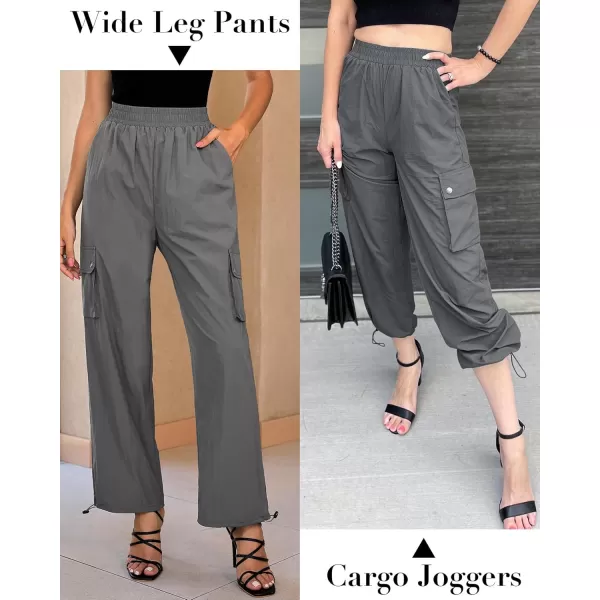 imageGRAPENT Womens Cargo Pants High Waisted Baggy Parachute Pants Elastic Waist Adjustable Drawstring Nylon Y2K TrousersSteeple Gray