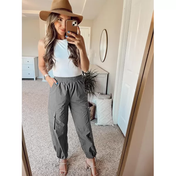 imageGRAPENT Womens Cargo Pants High Waisted Baggy Parachute Pants Elastic Waist Adjustable Drawstring Nylon Y2K TrousersSteeple Gray