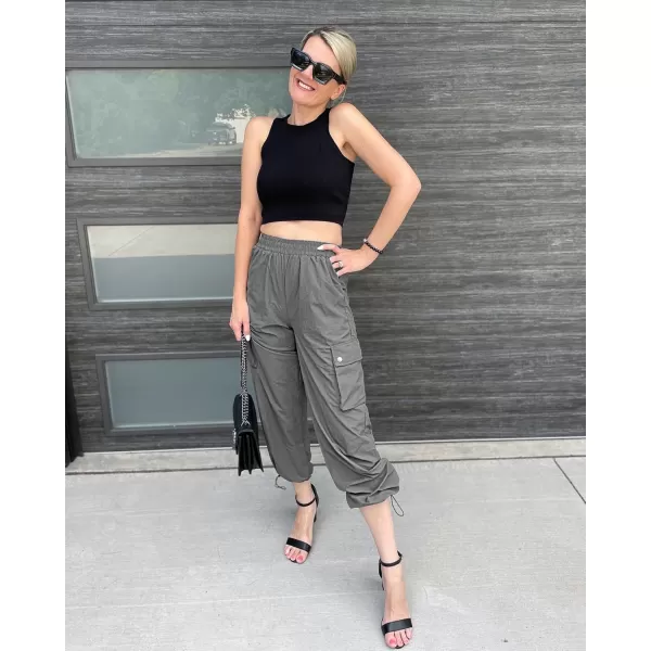 imageGRAPENT Womens Cargo Pants High Waisted Baggy Parachute Pants Elastic Waist Adjustable Drawstring Nylon Y2K TrousersSteeple Gray
